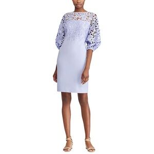 Lauren Ralph Lauren Elbow Sleeves Lace Yolk Light Blue Crepe Dress Women's 0